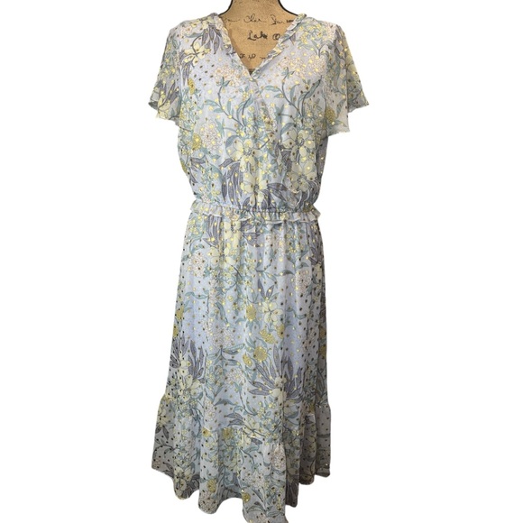 Lauren Conrad NWOT light blue and metallic gold floral pullover dress Size Large - Picture 7 of 9